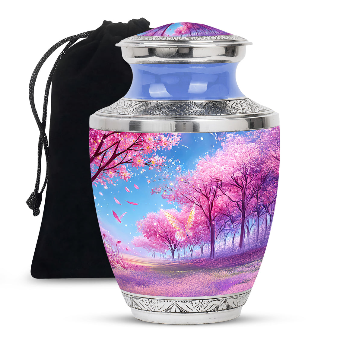 Plum Purple Cherry Blossom Cremation Urn side profile showing urn shape - contemporary cherry blossom design with modern artistic flair - full-size 10 inch 200 cubic inch adult cremation urn