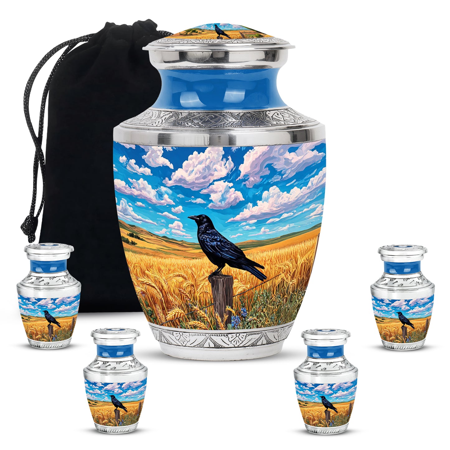 Steel Blue Crow Cremation Urn lifestyle display on memorial shelf - artistic crow interpretation with creative detail - memorial set with one large and four small urns
