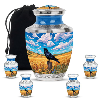 Steel Blue Crow Cremation Urn lifestyle display on memorial shelf - artistic crow interpretation with creative detail - memorial set with one large and four small urns