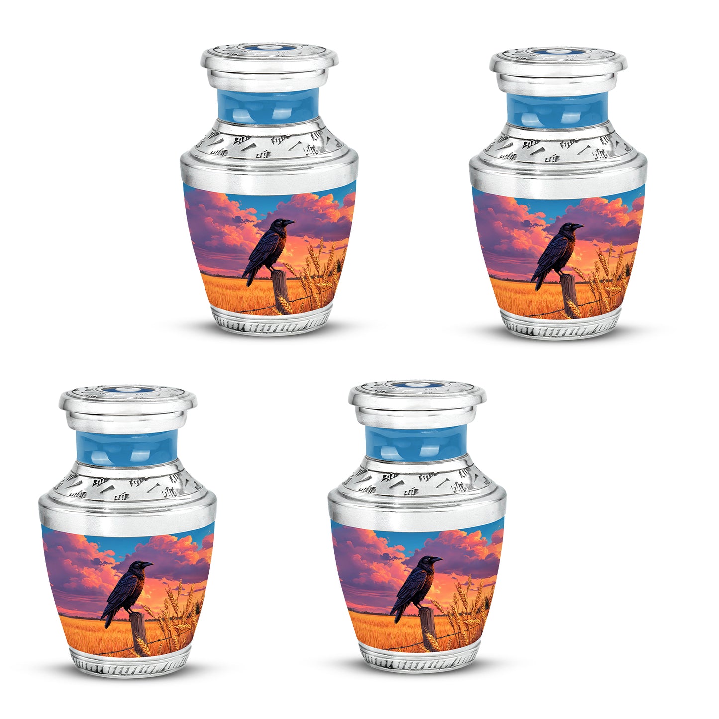 Steel Blue Crow Cremation Urn back view with polished surface - artistic crow interpretation with creative detail - 10 inch aluminum urn for cremated remains