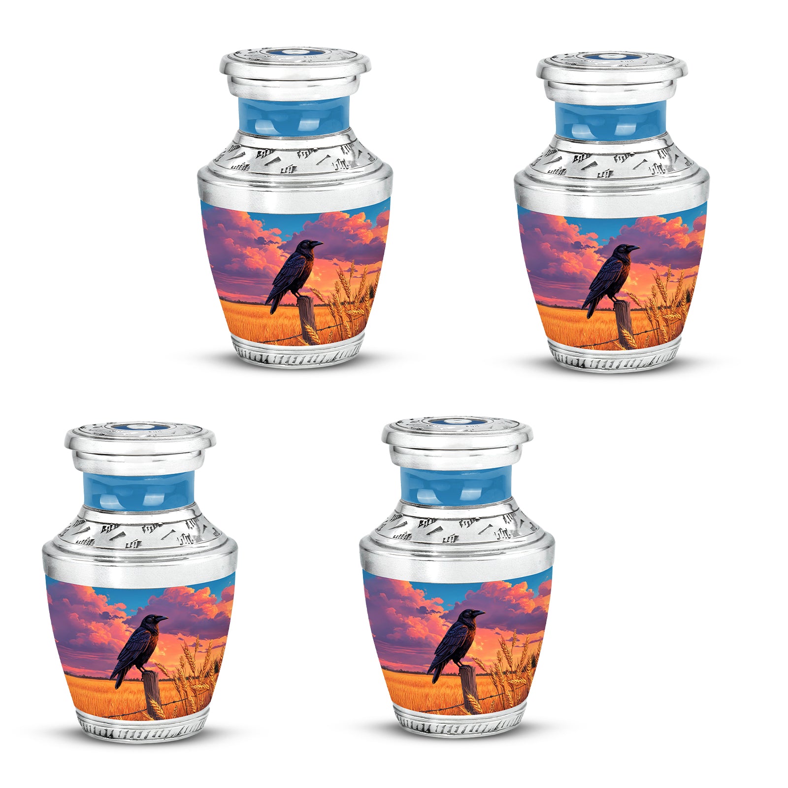Steel Blue Crow Cremation Urn back view with polished surface - artistic crow interpretation with creative detail - 10 inch aluminum urn for cremated remains