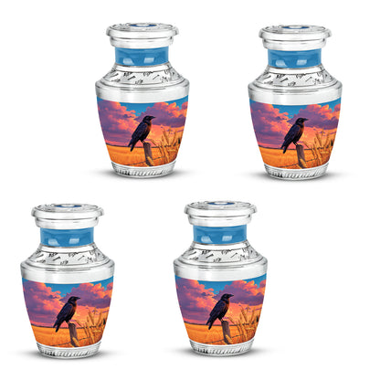 Steel Blue Crow Cremation Urn back view with polished surface - artistic crow interpretation with creative detail - 10 inch aluminum urn for cremated remains
