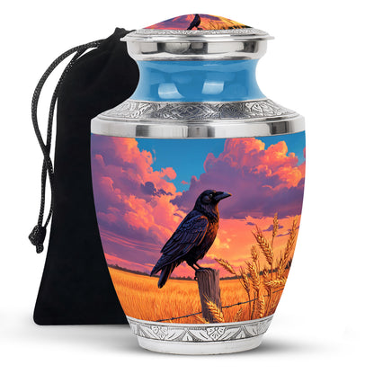 Calming Blue Crow Cremation Urn side profile showing urn shape - stylized abstract crow pattern with bold lines - full-size 10 inch 200 cubic inch adult cremation urn