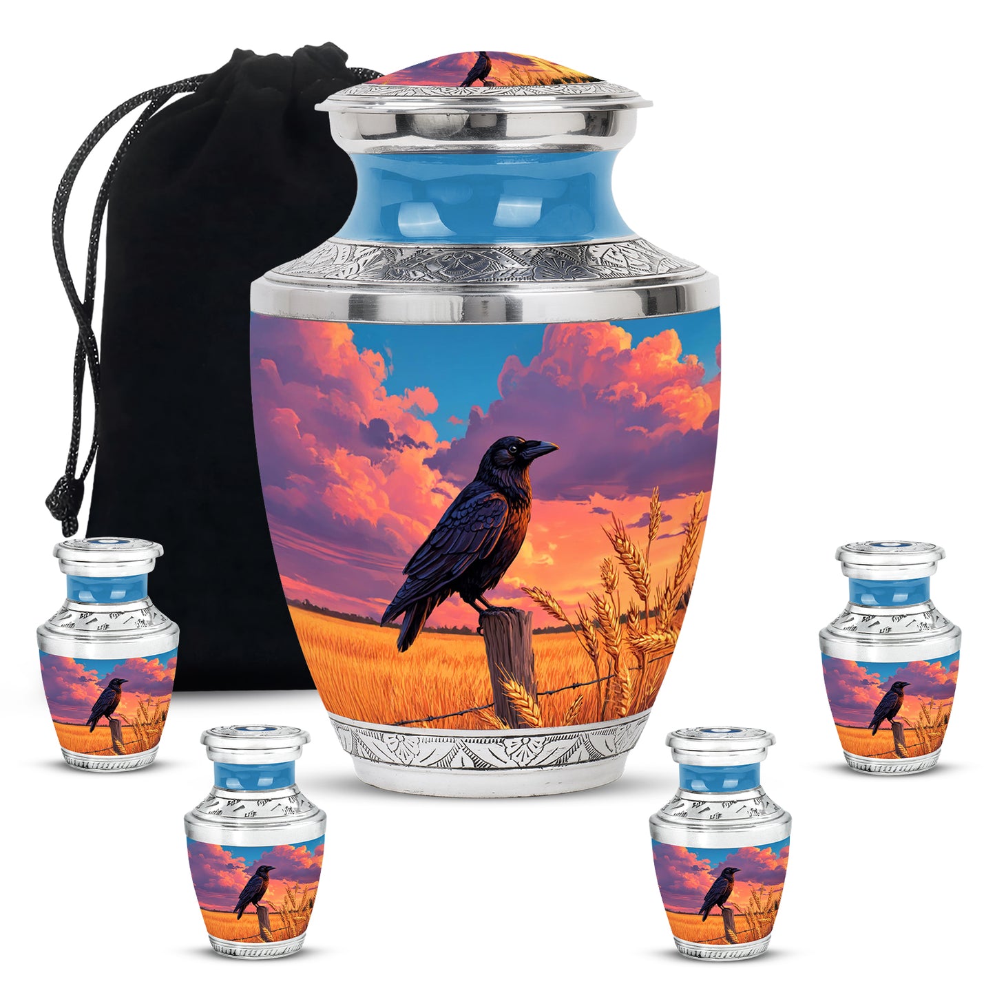 Sapphire Blue Crow Cremation Urn lifestyle display on memorial shelf - stylized abstract crow pattern with bold lines - memorial set with one large and four small urns