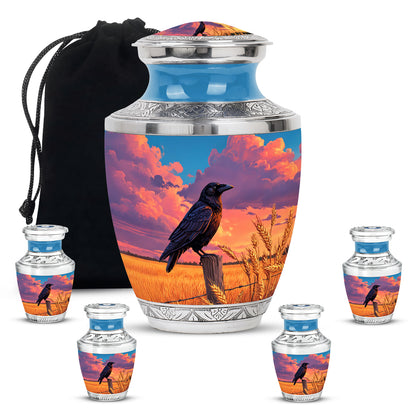 Sapphire Blue Crow Cremation Urn lifestyle display on memorial shelf - stylized abstract crow pattern with bold lines - memorial set with one large and four small urns