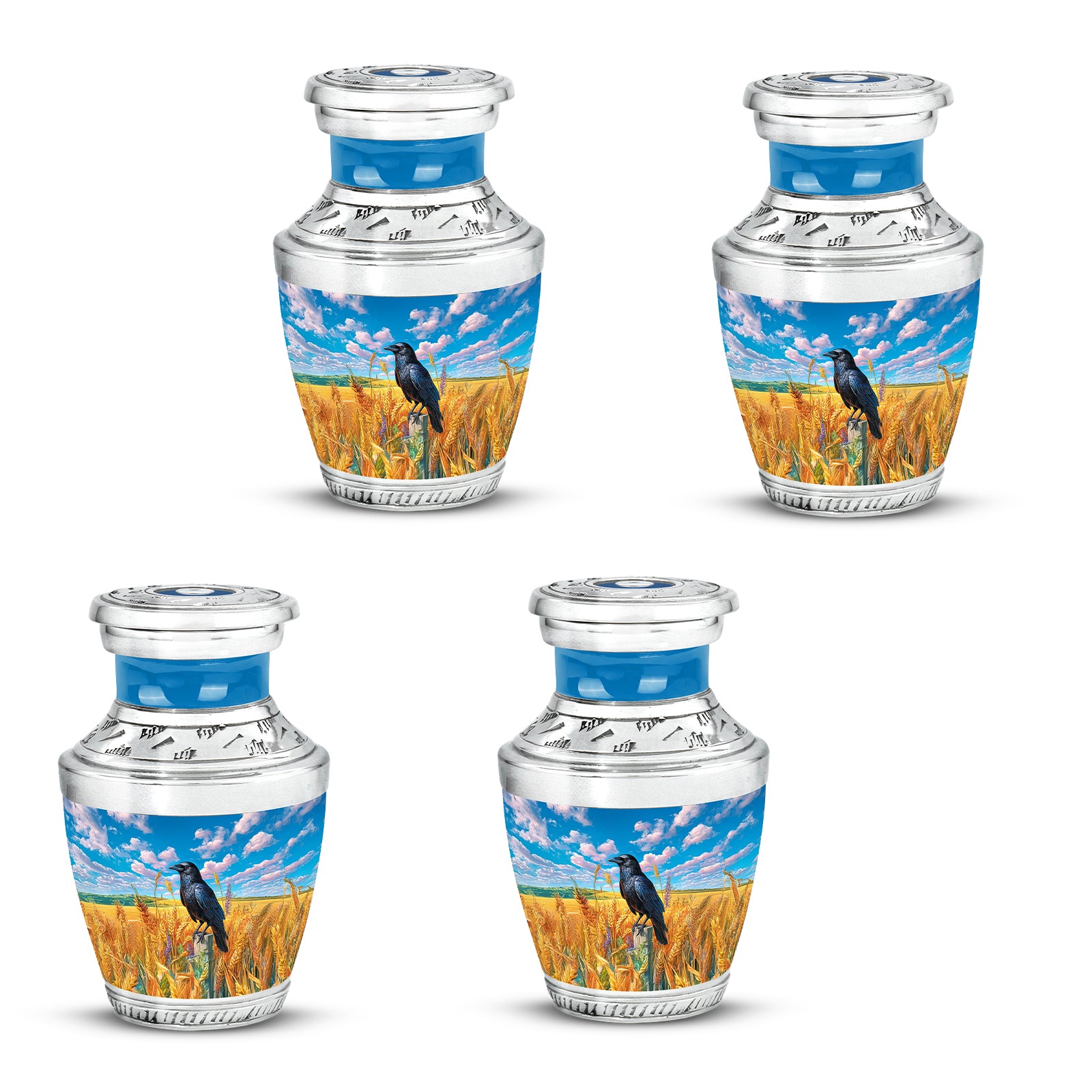 Azure Crow Cremation Urn back view with polished surface - modern art-inspired crow motif on sleek aluminum - 10 inch aluminum urn for cremated remains