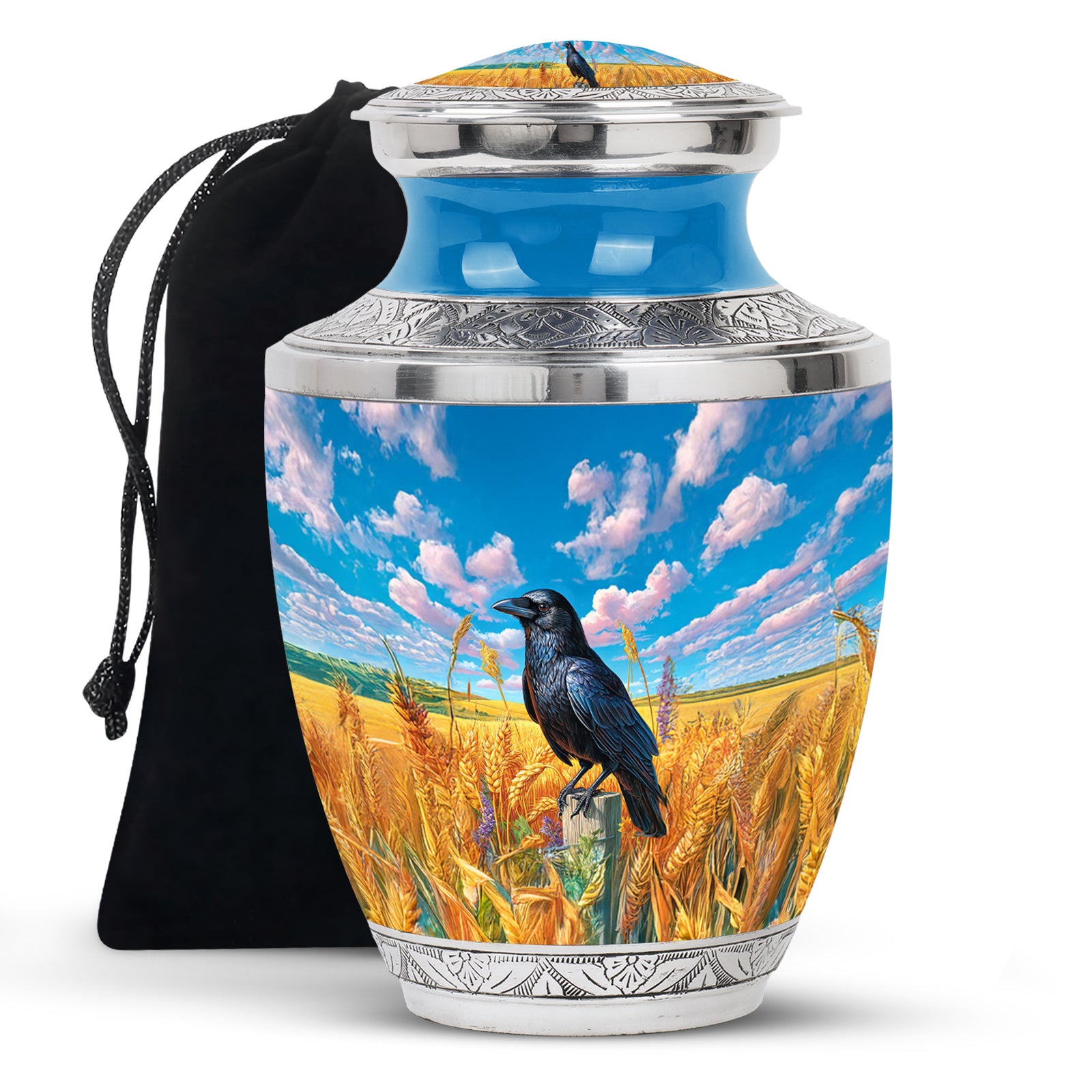 Navy Blue Crow Cremation Urn side profile showing urn shape - contemporary crow design with modern artistic flair - full-size 10 inch 200 cubic inch adult cremation urn