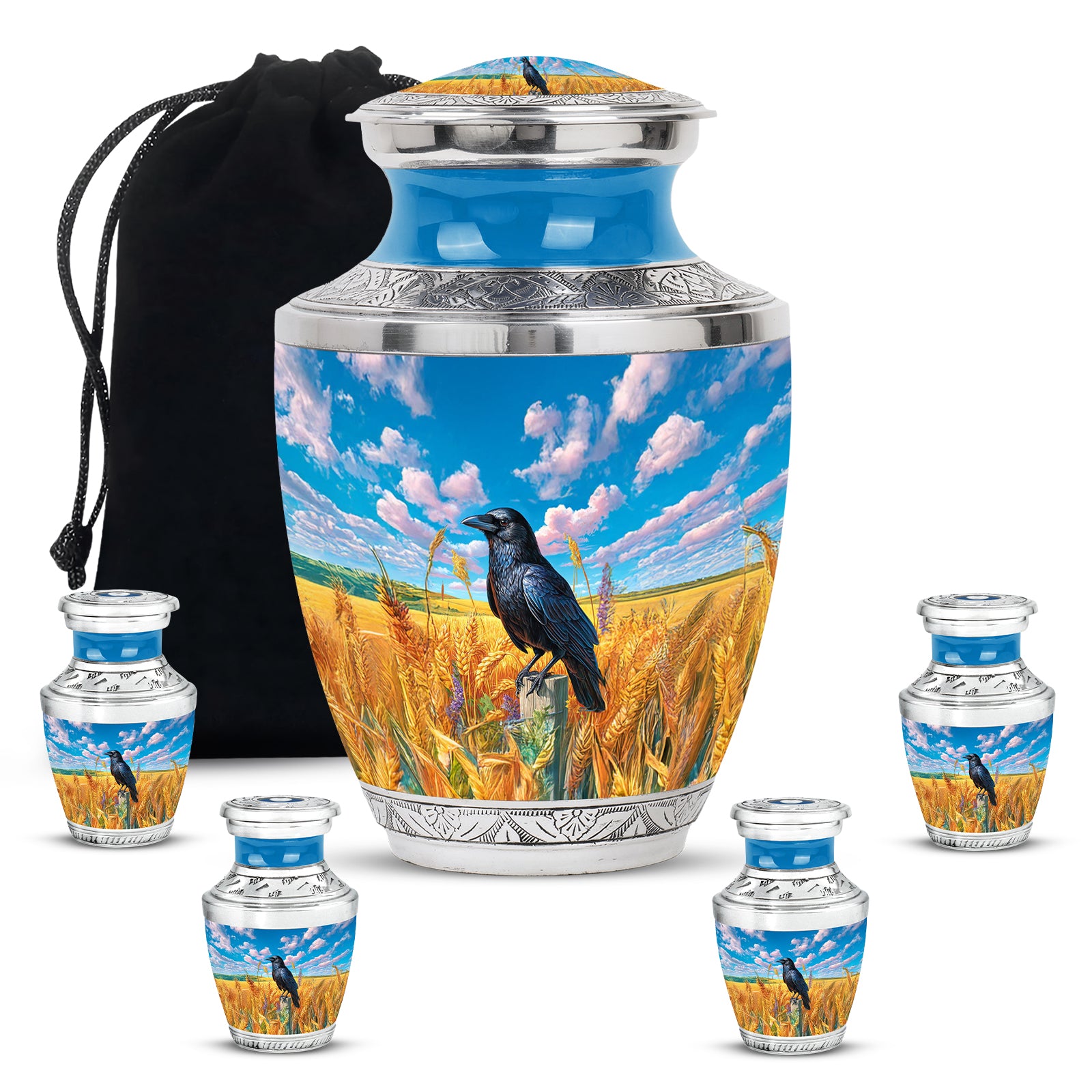 Indigo Crow Cremation Urn lifestyle display on memorial shelf - contemporary crow design with modern artistic flair - memorial set with one large and four small urns