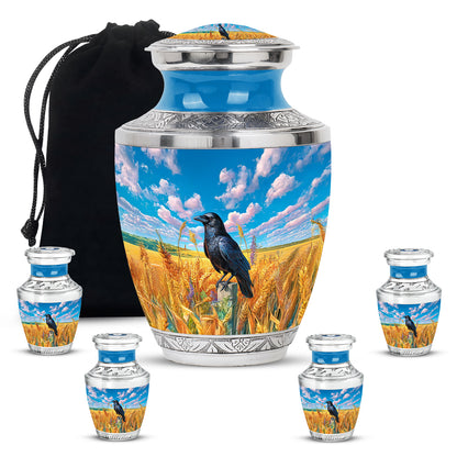 Indigo Crow Cremation Urn lifestyle display on memorial shelf - contemporary crow design with modern artistic flair - memorial set with one large and four small urns
