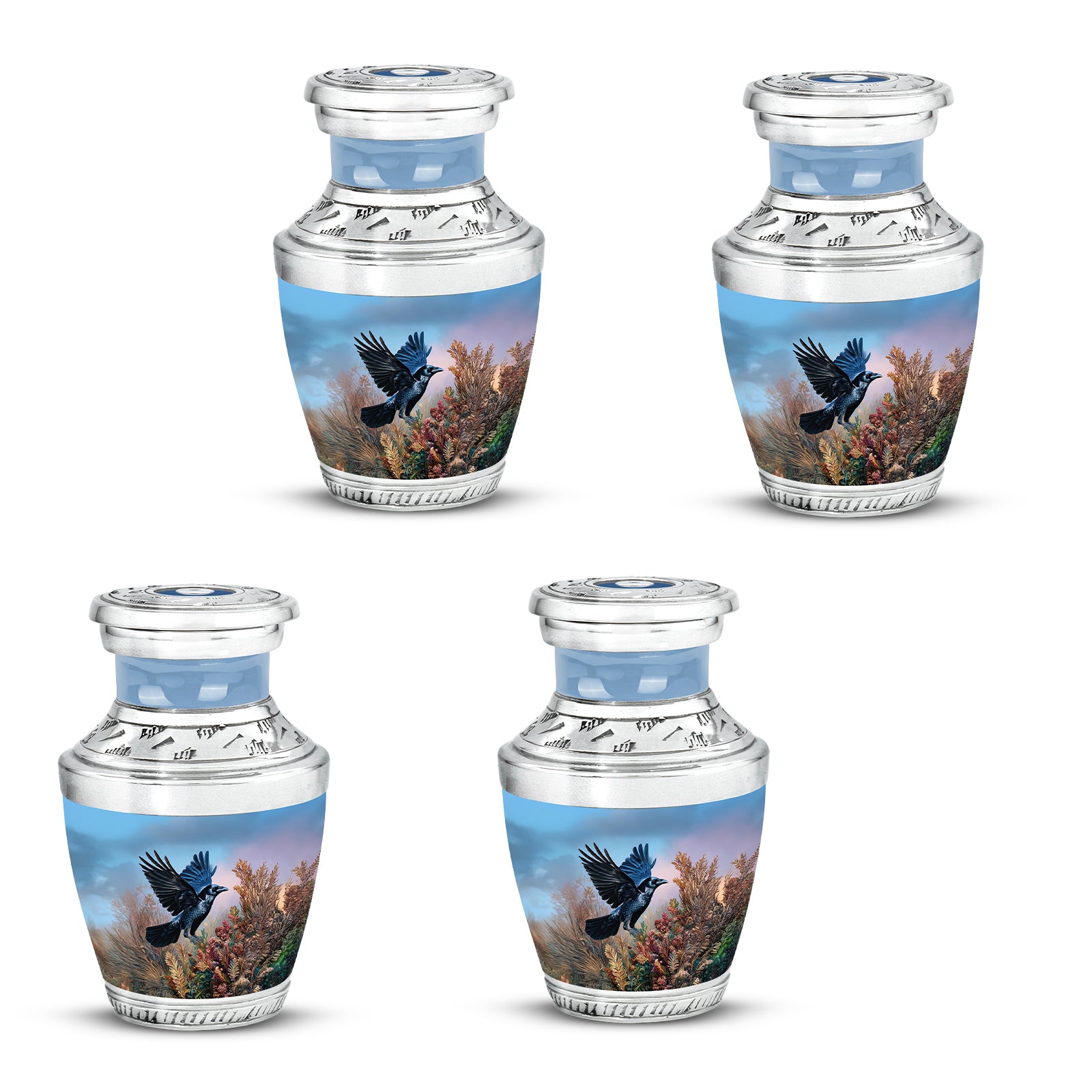 Celestial Blue Crow Cremation Urn back view with polished surface - modern art-inspired crow motif on sleek aluminum - 10 inch aluminum urn for cremated remains