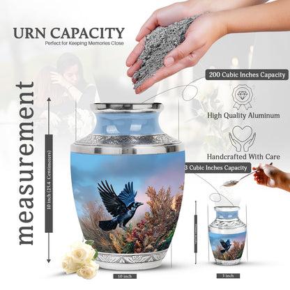 Misty Blue Crow Cremation Urn top-down view of secure threaded lid - contemporary crow design with modern artistic flair - mini keepsake memorial for portion of cremation ashes