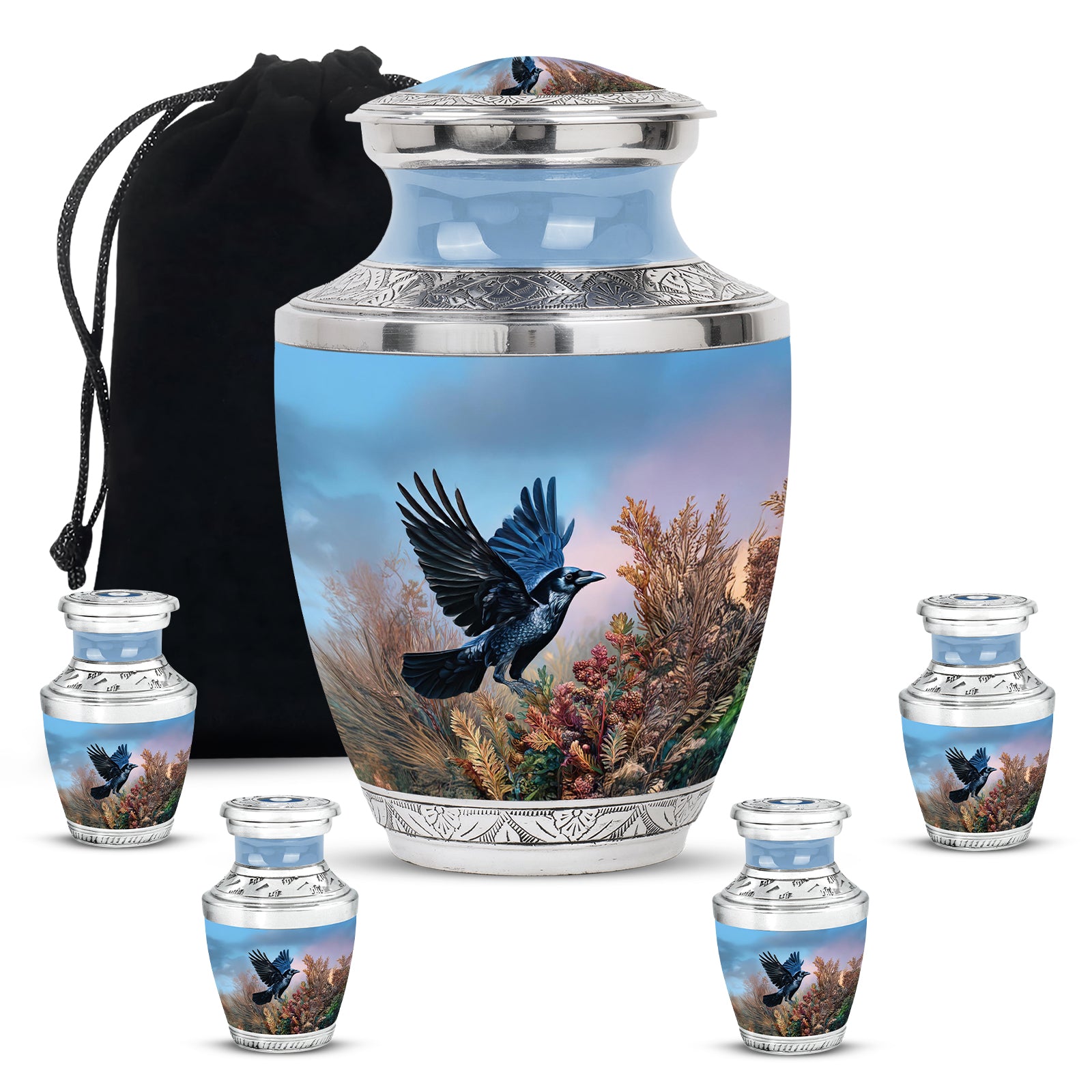 Celestial Blue Crow Cremation Urn lifestyle display on memorial shelf - modern art-inspired crow motif on sleek aluminum - memorial set with one large and four small urns