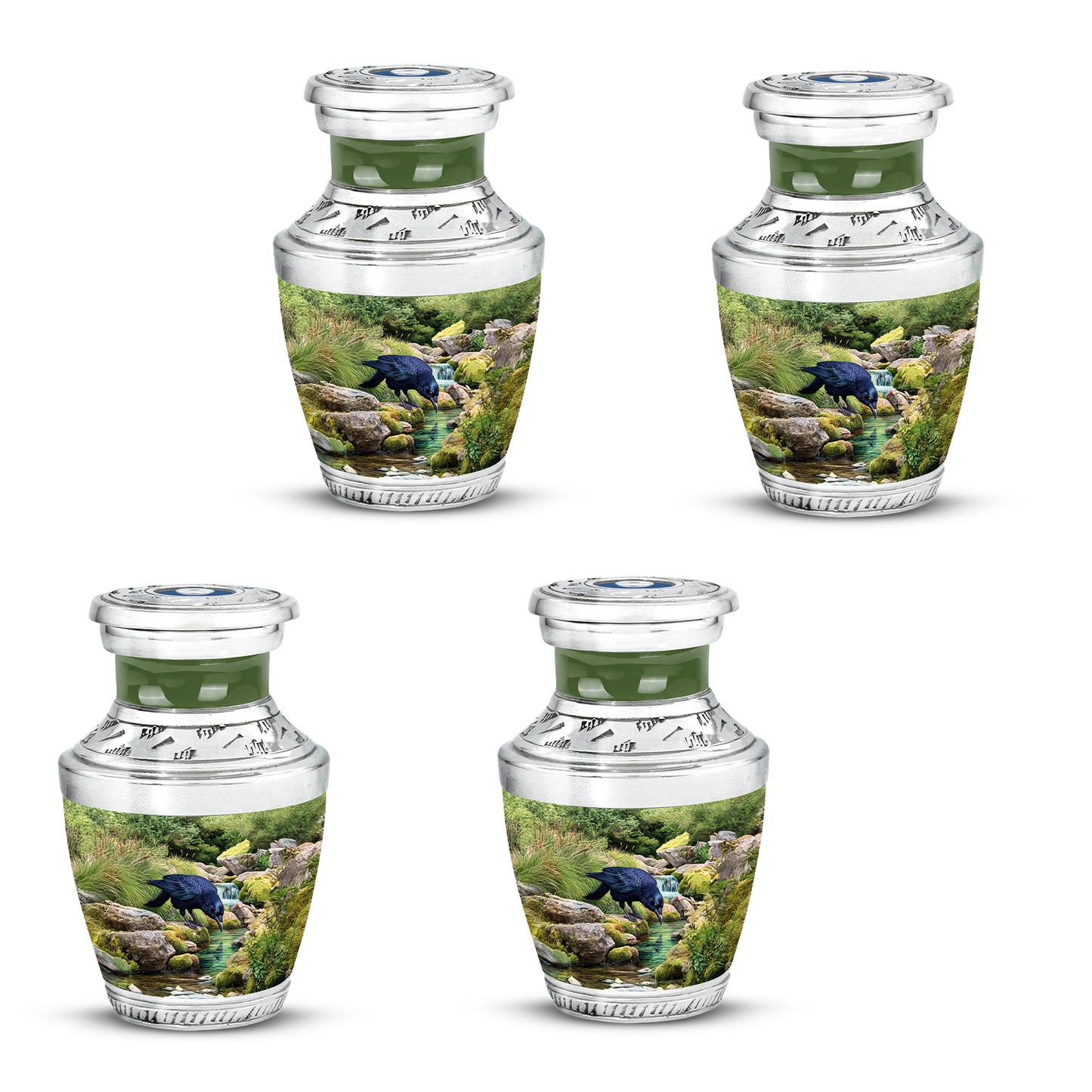 Emerald Green Crow Cremation Urn back view with polished surface - modern art-inspired crow motif on sleek aluminum - 10 inch aluminum urn for cremated remains