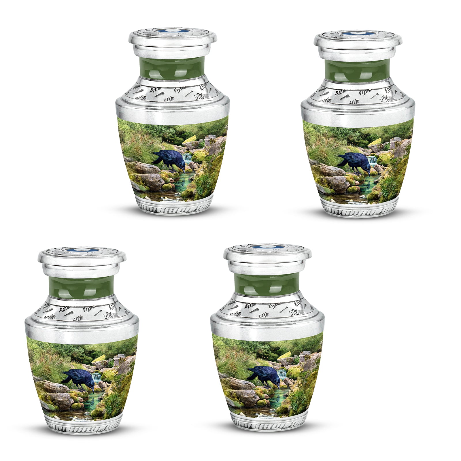 Emerald Green Crow Cremation Urn back view with polished surface - modern art-inspired crow motif on sleek aluminum - 10 inch aluminum urn for cremated remains