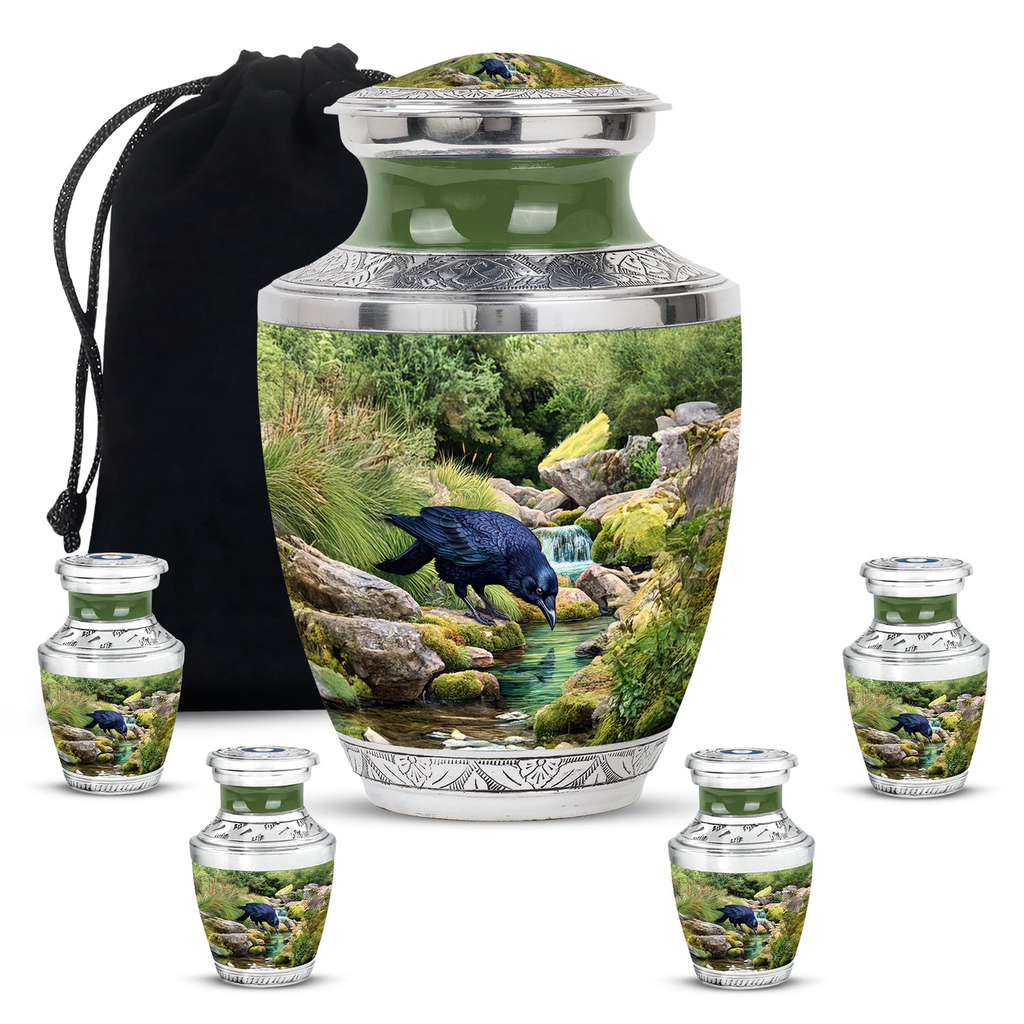 Moss Green Crow Cremation Urn lifestyle display on memorial shelf - modern art-inspired crow motif on sleek aluminum - memorial set with one large and four small urns