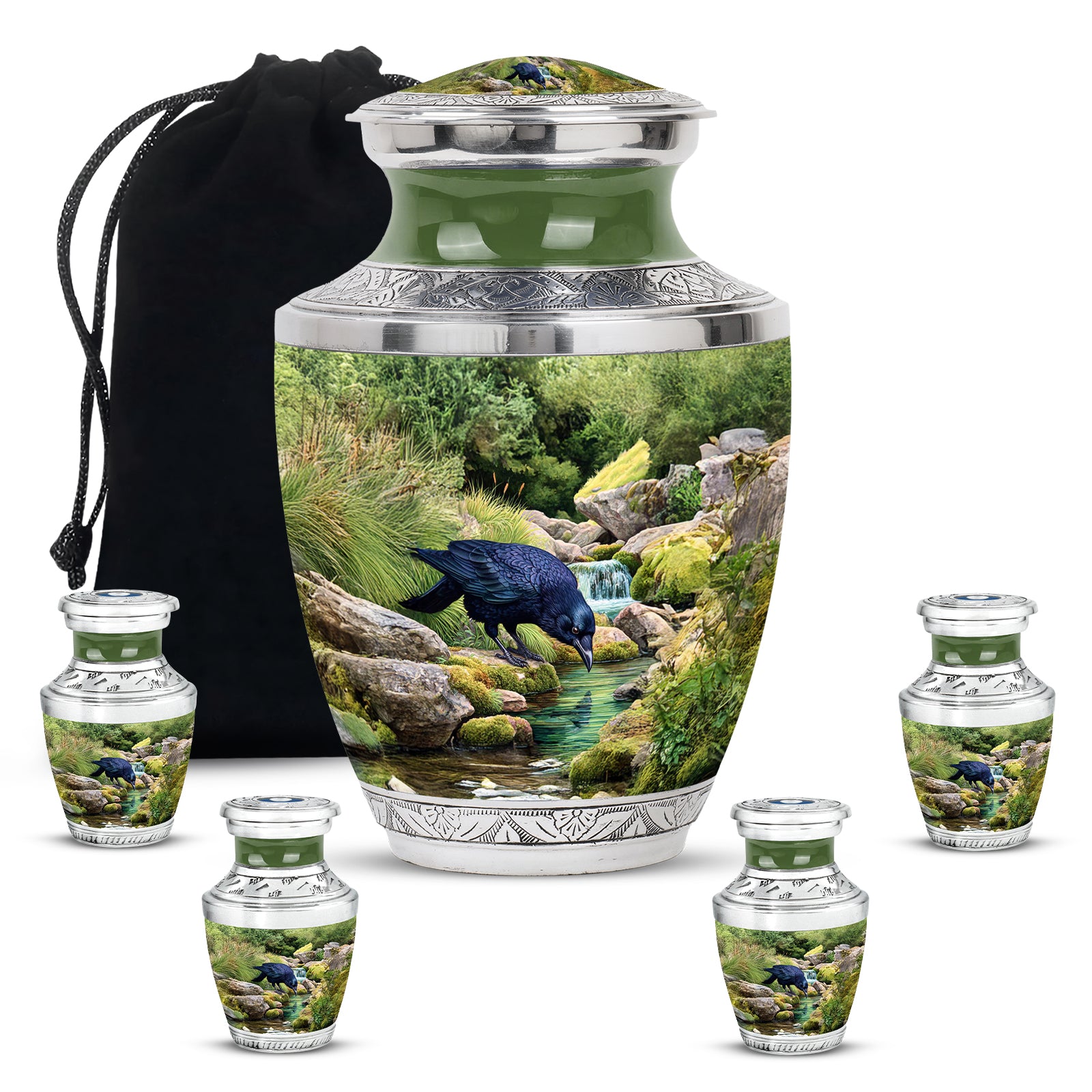 Moss Green Crow Cremation Urn lifestyle display on memorial shelf - modern art-inspired crow motif on sleek aluminum - memorial set with one large and four small urns