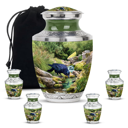 Moss Green Crow Cremation Urn lifestyle display on memorial shelf - modern art-inspired crow motif on sleek aluminum - memorial set with one large and four small urns