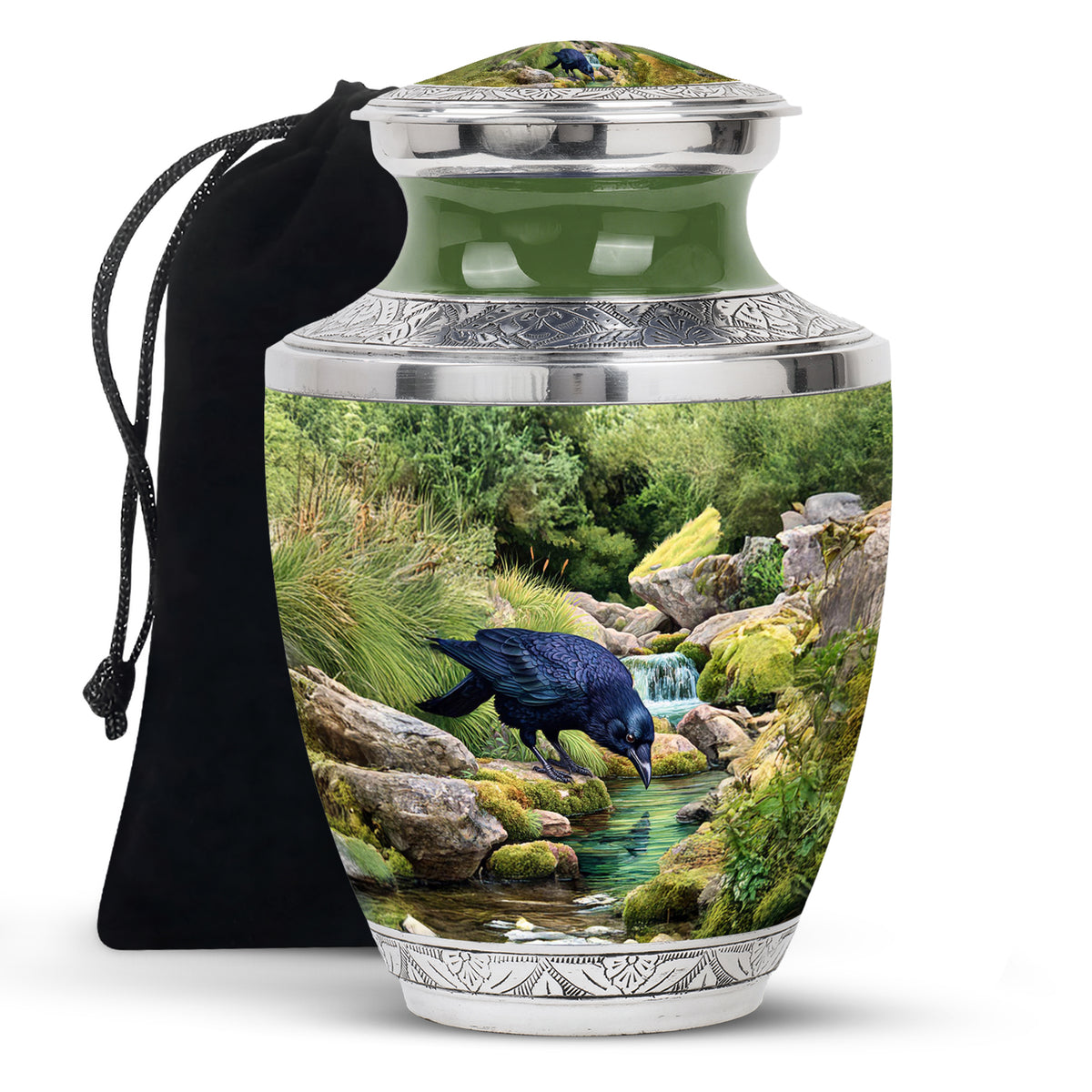 Verdant Green Crow Cremation Urn side profile showing urn shape - modern art-inspired crow motif on sleek aluminum - full-size 10 inch 200 cubic inch adult cremation urn
