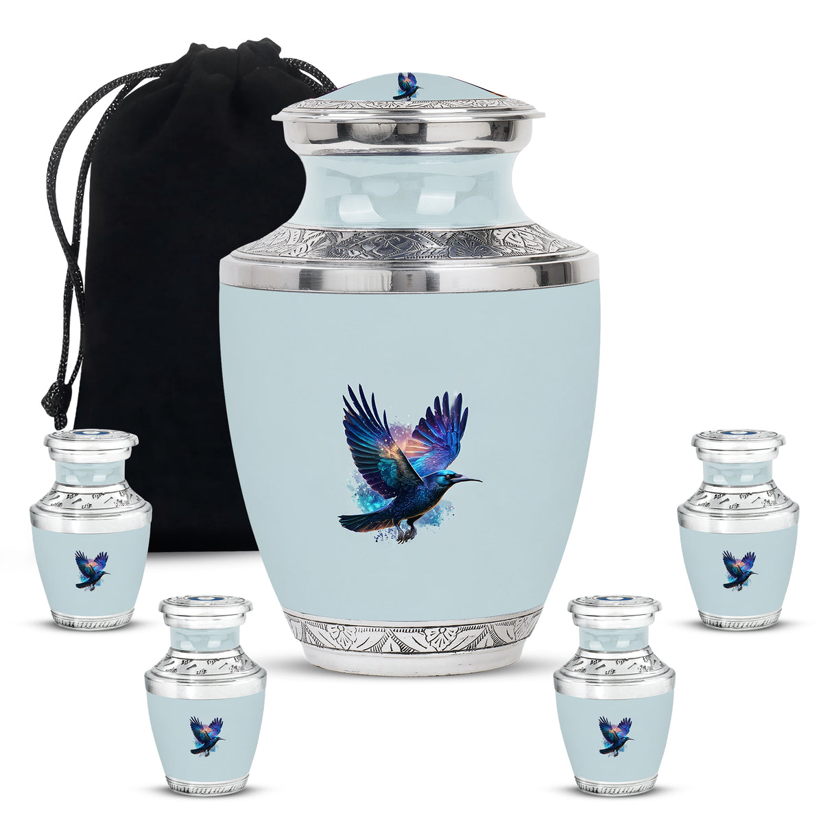 Antique Silver Crow Cremation Urn lifestyle display on memorial shelf - artistic crow interpretation with creative detail - memorial set with one large and four small urns
