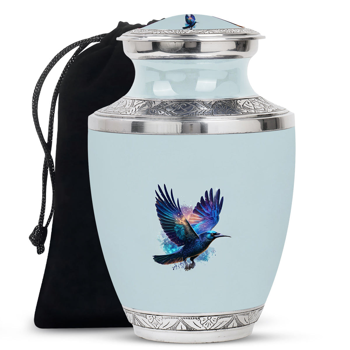 Gleaming Silver Crow Cremation Urn side profile showing urn shape - contemporary crow design with modern artistic flair - full-size 10 inch 200 cubic inch adult cremation urn