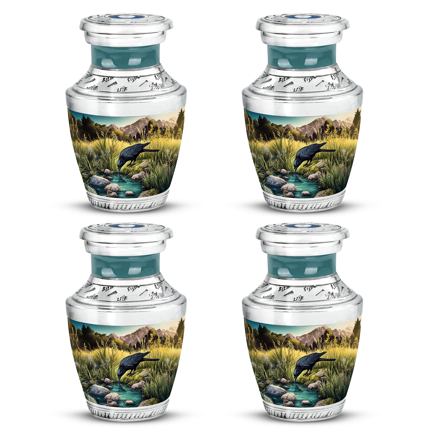 Ocean Teal Crow Cremation Urn back view with polished surface - modern art-inspired crow motif on sleek aluminum - 10 inch aluminum urn for cremated remains