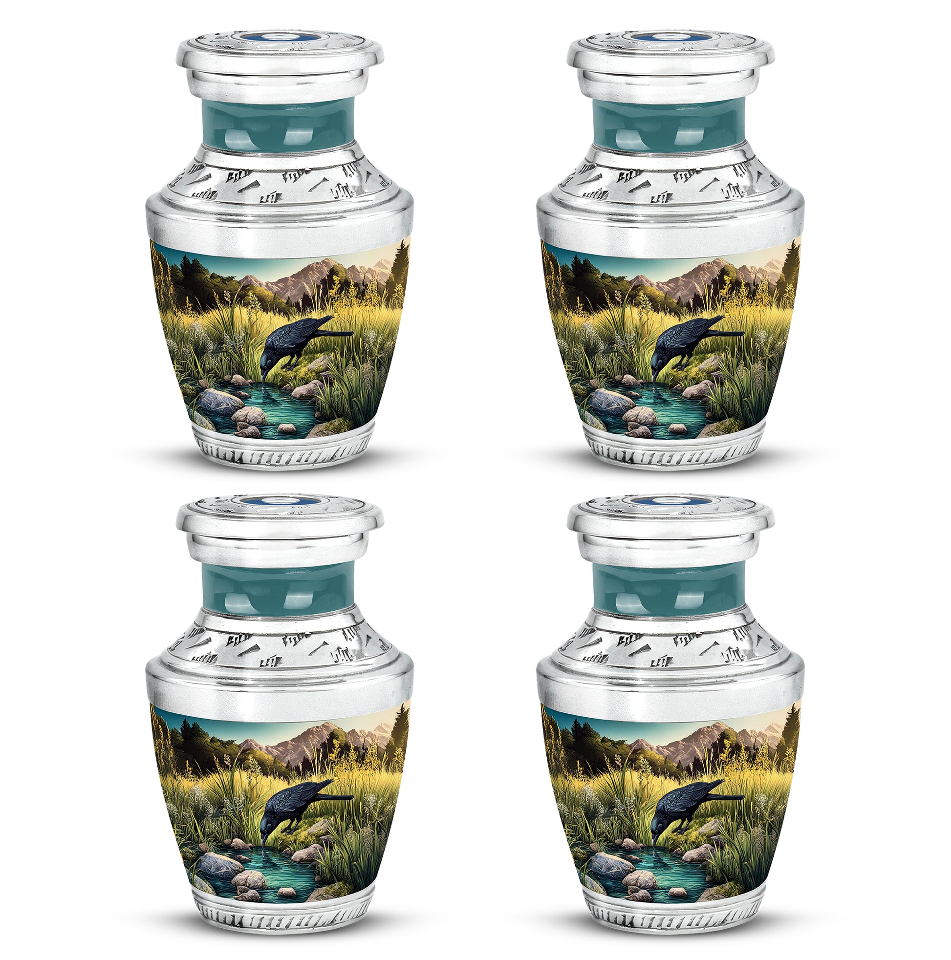Ocean Teal Crow Cremation Urn back view with polished surface - modern art-inspired crow motif on sleek aluminum - 10 inch aluminum urn for cremated remains