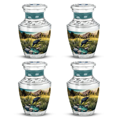 Ocean Teal Crow Cremation Urn back view with polished surface - modern art-inspired crow motif on sleek aluminum - 10 inch aluminum urn for cremated remains