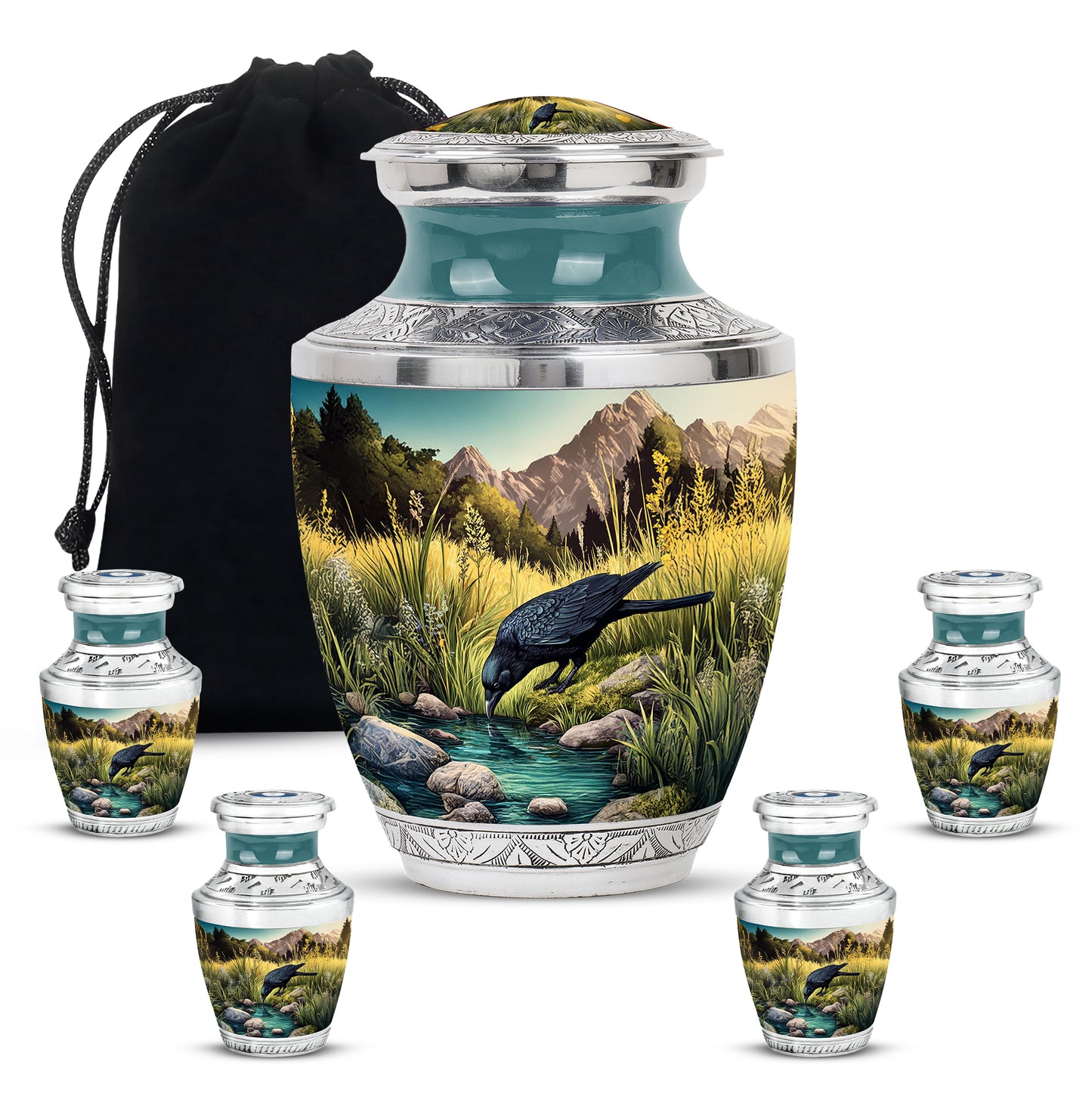 Soft Teal Crow Cremation Urn lifestyle display on memorial shelf - modern art-inspired crow motif on sleek aluminum - memorial set with one large and four small urns