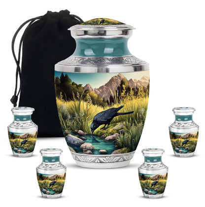 Soft Teal Crow Cremation Urn lifestyle display on memorial shelf - modern art-inspired crow motif on sleek aluminum - memorial set with one large and four small urns