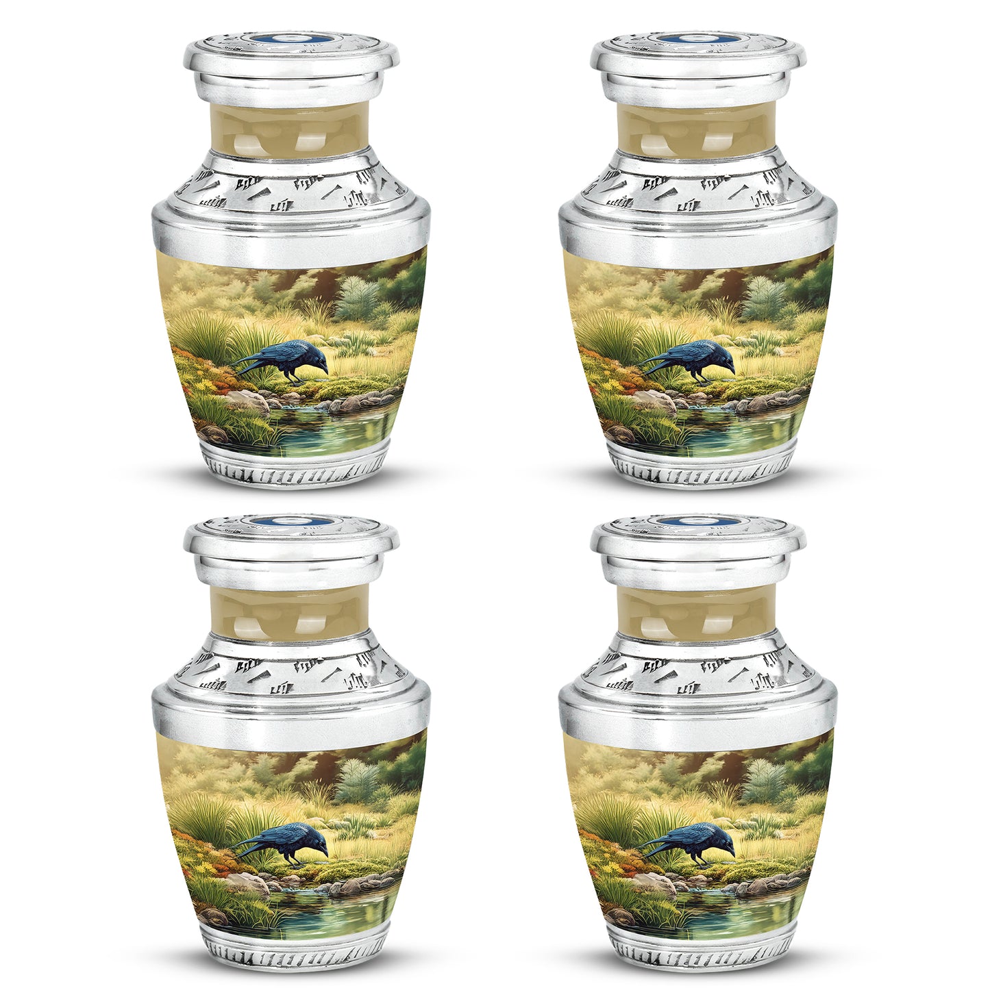 Royal Gold Crow Cremation Urn back view with polished surface - stylized abstract crow pattern with bold lines - 10 inch aluminum urn for cremated remains