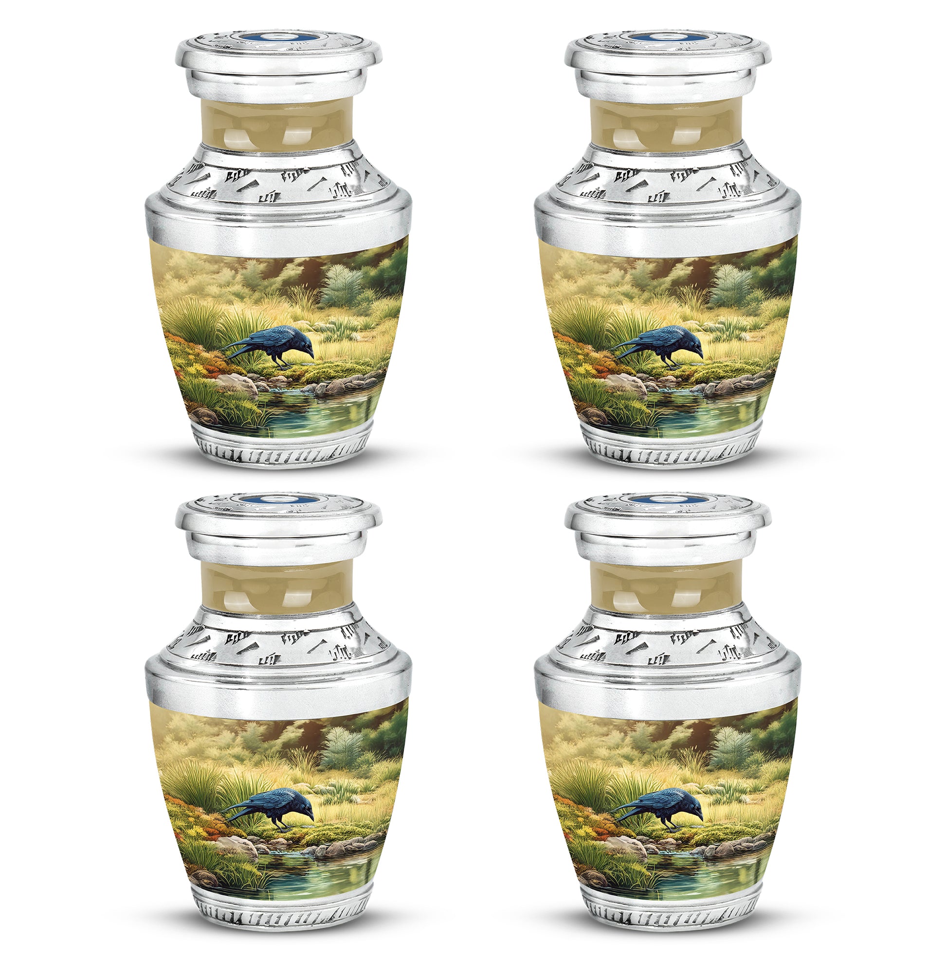 Royal Gold Crow Cremation Urn back view with polished surface - stylized abstract crow pattern with bold lines - 10 inch aluminum urn for cremated remains