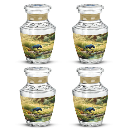 Royal Gold Crow Cremation Urn back view with polished surface - stylized abstract crow pattern with bold lines - 10 inch aluminum urn for cremated remains