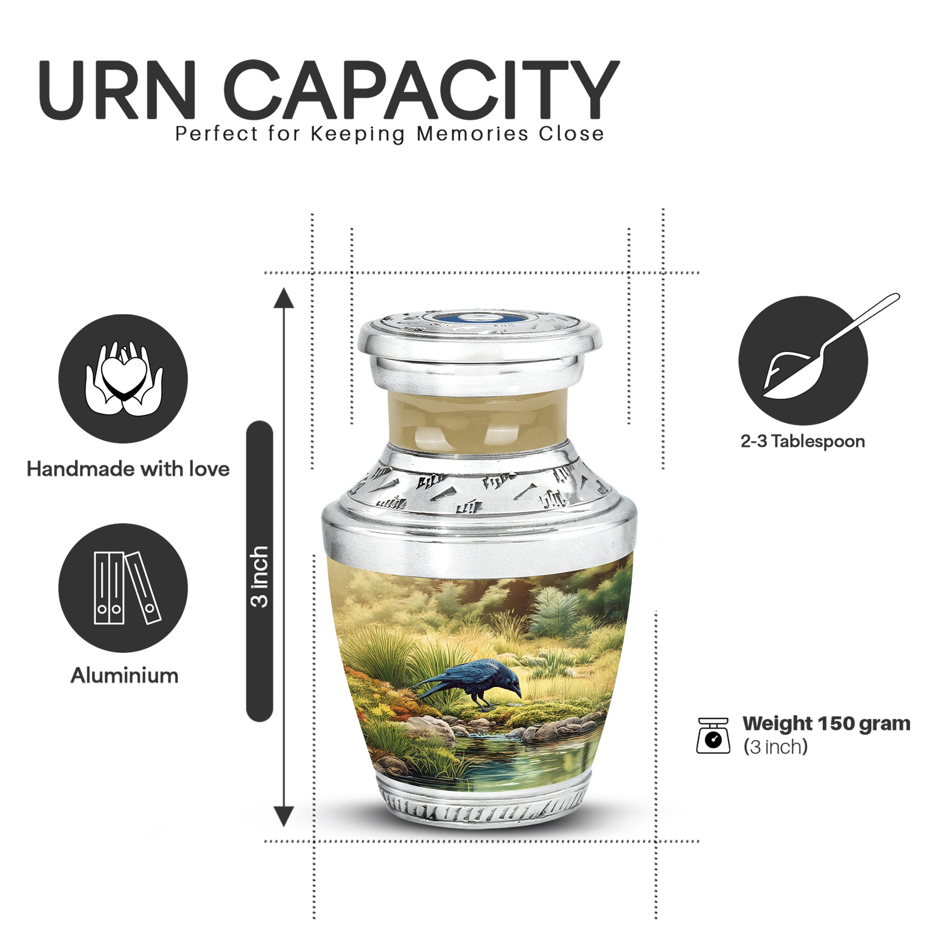 Burnished Gold Crow Cremation Urn top-down view of secure threaded lid - artistic crow interpretation with creative detail - mini keepsake memorial for portion of cremation ashes