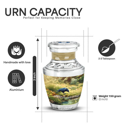 Burnished Gold Crow Cremation Urn top-down view of secure threaded lid - artistic crow interpretation with creative detail - mini keepsake memorial for portion of cremation ashes