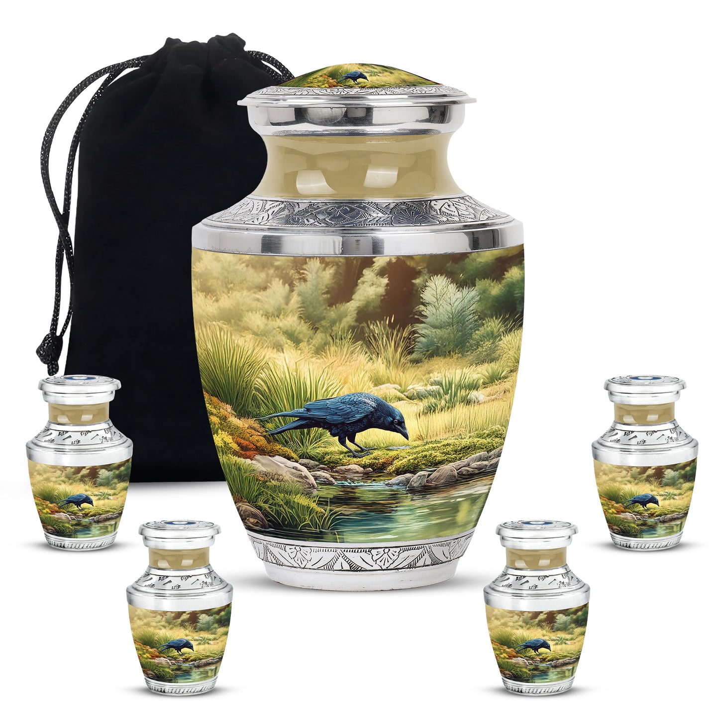 Amber Gold Crow Cremation Urn lifestyle display on memorial shelf - modern art-inspired crow motif on sleek aluminum - memorial set with one large and four small urns