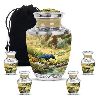 Amber Gold Crow Cremation Urn lifestyle display on memorial shelf - modern art-inspired crow motif on sleek aluminum - memorial set with one large and four small urns