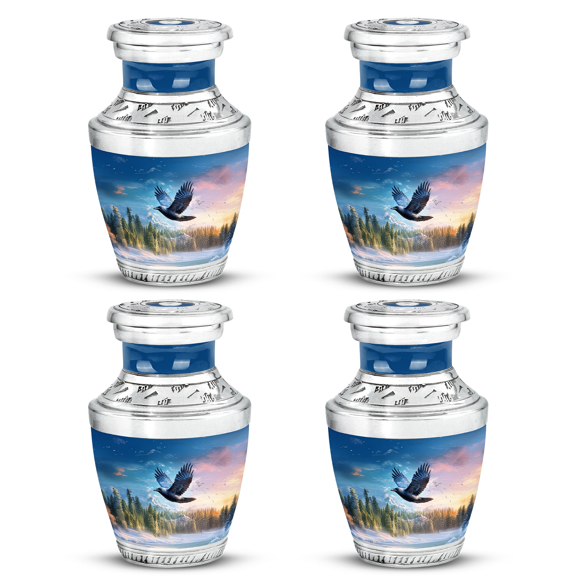 Steel Blue Crow Cremation Urn back view with polished surface - stylized abstract crow pattern with bold lines - 10 inch aluminum urn for cremated remains