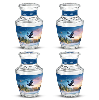 Steel Blue Crow Cremation Urn back view with polished surface - stylized abstract crow pattern with bold lines - 10 inch aluminum urn for cremated remains