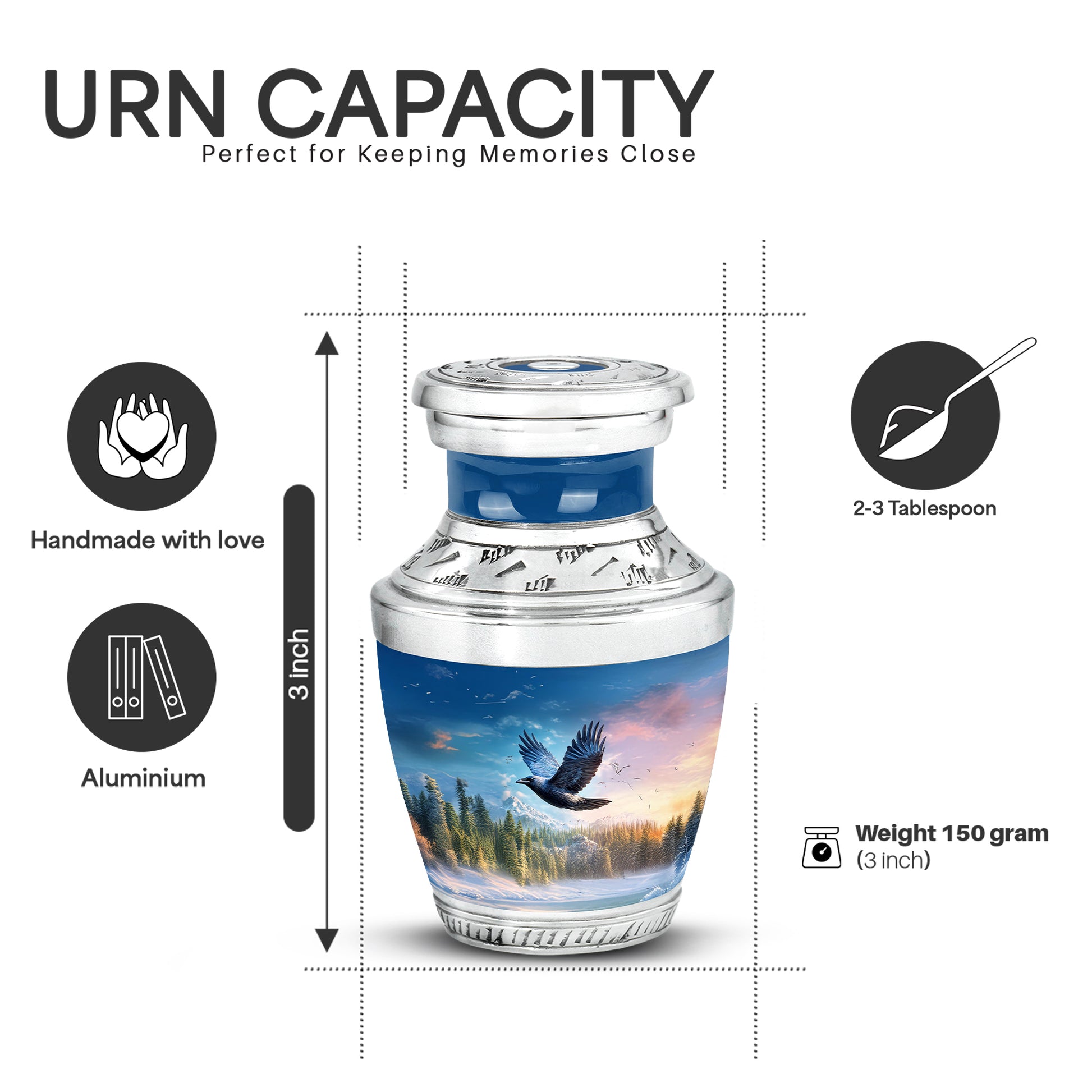 Vivid Blue Crow Cremation Urn top-down view of secure threaded lid - stylized abstract crow pattern with bold lines - mini keepsake memorial for portion of cremation ashes