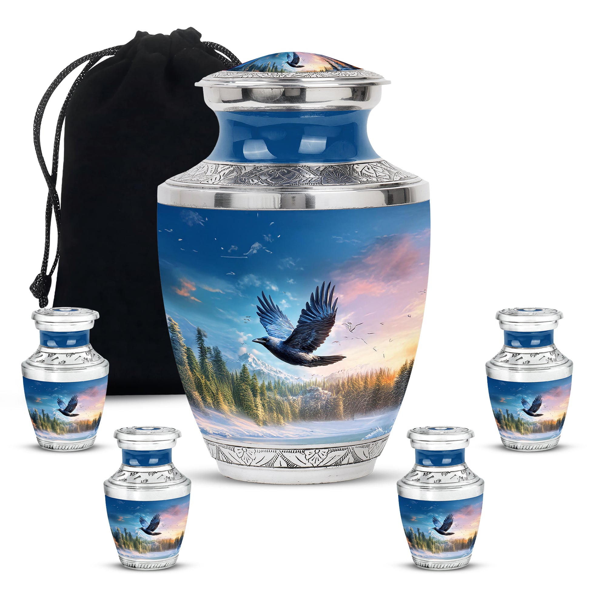 Bright Blue Crow Cremation Urn lifestyle display on memorial shelf - stylized abstract crow pattern with bold lines - memorial set with one large and four small urns