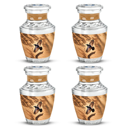 Matte Gold Crow Cremation Urn back view with polished surface - artistic crow interpretation with creative detail - 10 inch aluminum urn for cremated remains