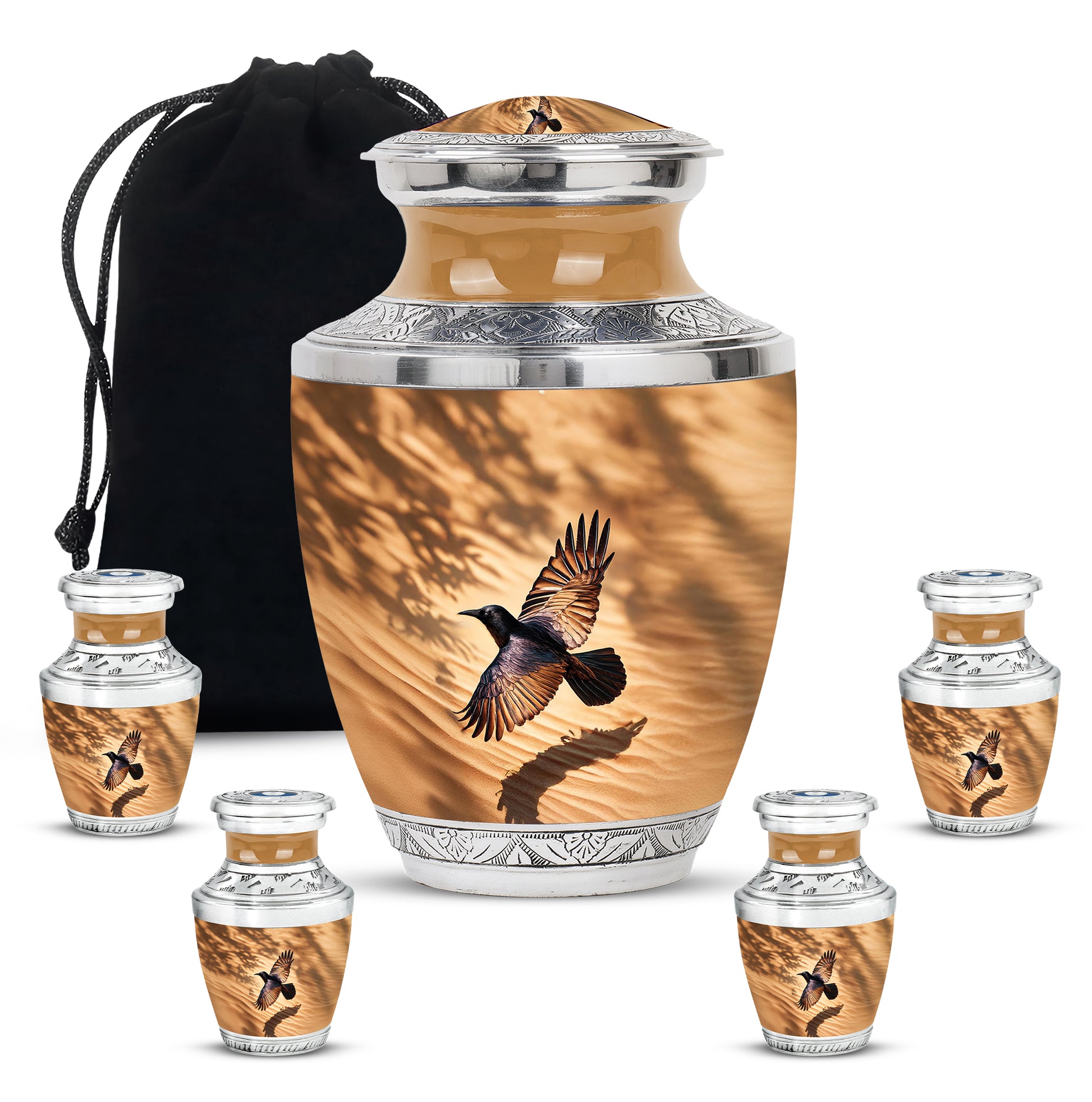 Burnished Gold Crow Cremation Urn lifestyle display on memorial shelf - artistic crow interpretation with creative detail - memorial set with one large and four small urns