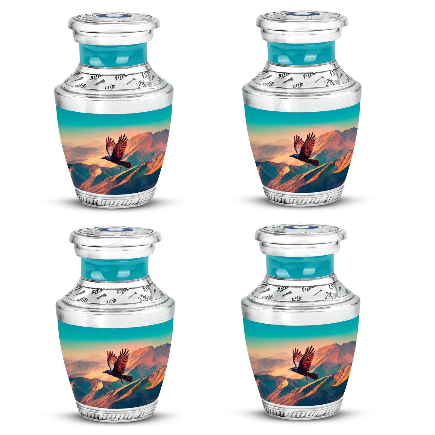 Jewel Teal Crow Cremation Urn back view with polished surface - modern art-inspired crow motif on sleek aluminum - 10 inch aluminum urn for cremated remains