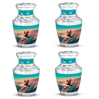 Jewel Teal Crow Cremation Urn back view with polished surface - modern art-inspired crow motif on sleek aluminum - 10 inch aluminum urn for cremated remains