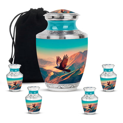 Mystic Teal Crow Cremation Urn lifestyle display on memorial shelf - stylized abstract crow pattern with bold lines - memorial set with one large and four small urns