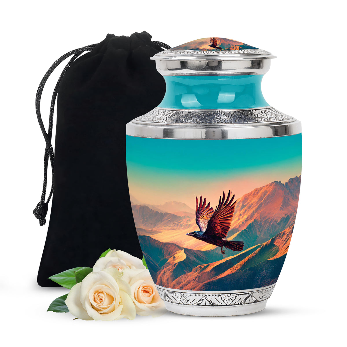 Cool Teal Crow Cremation Urn side profile showing urn shape - contemporary crow design with modern artistic flair - full-size 10 inch 200 cubic inch adult cremation urn