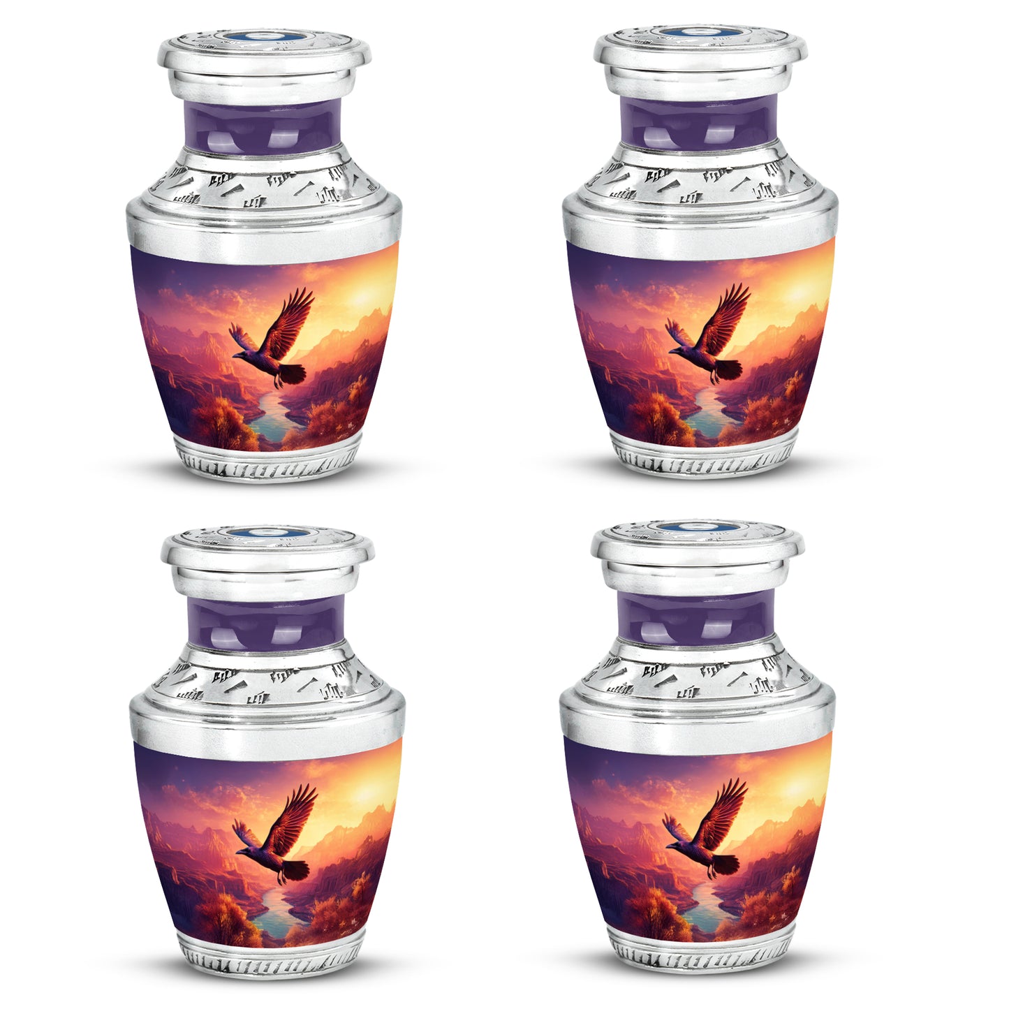 Violet Purple Crow Cremation Urn back view with polished surface - stylized abstract crow pattern with bold lines - 10 inch aluminum urn for cremated remains
