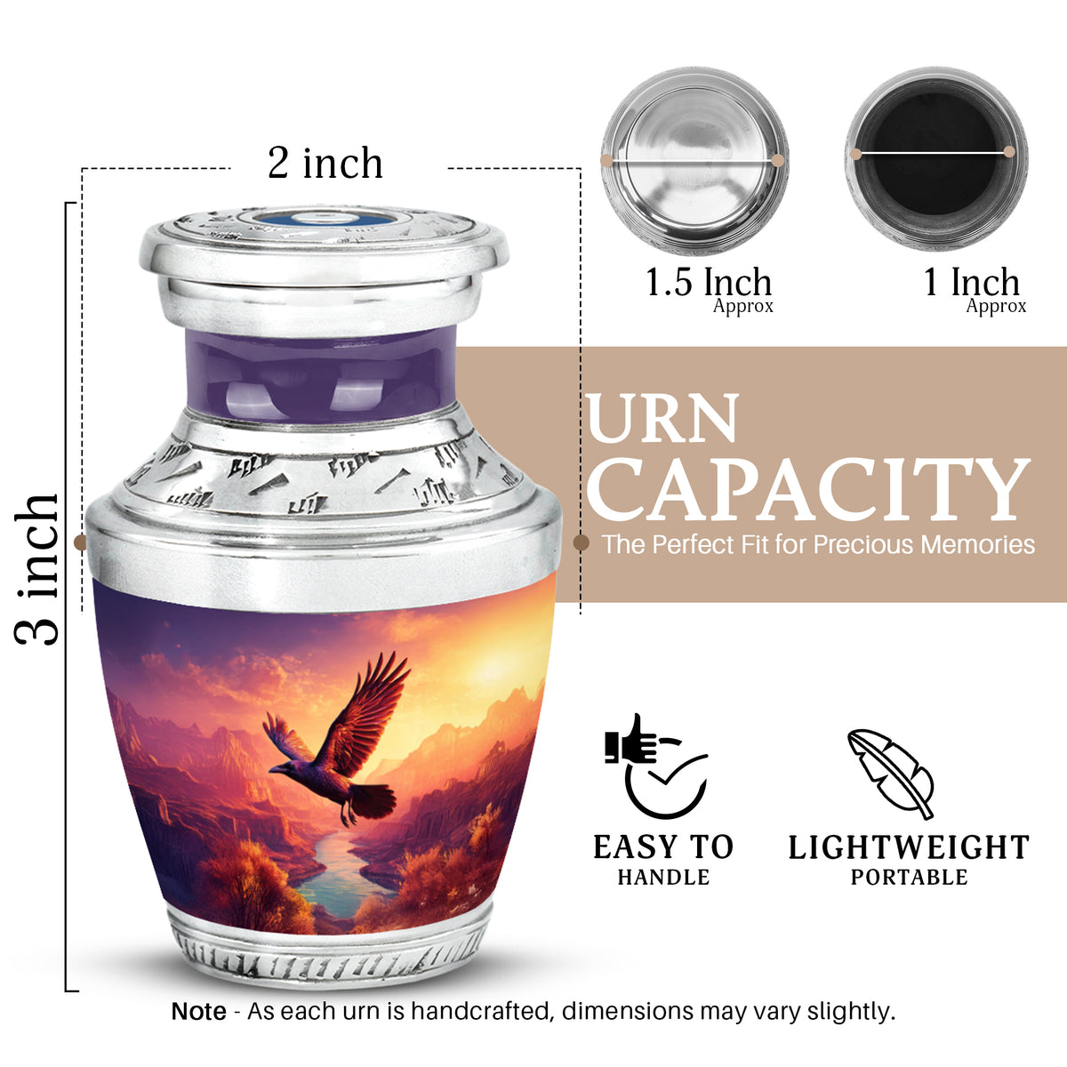 Majestic Purple Crow Cremation Urn top-down view of secure threaded lid - contemporary crow design with modern artistic flair - mini keepsake memorial for portion of cremation ashes