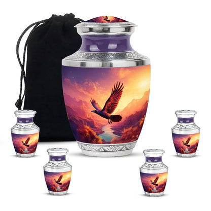 Twilight Purple Crow Cremation Urn lifestyle display on memorial shelf - artistic crow interpretation with creative detail - memorial set with one large and four small urns