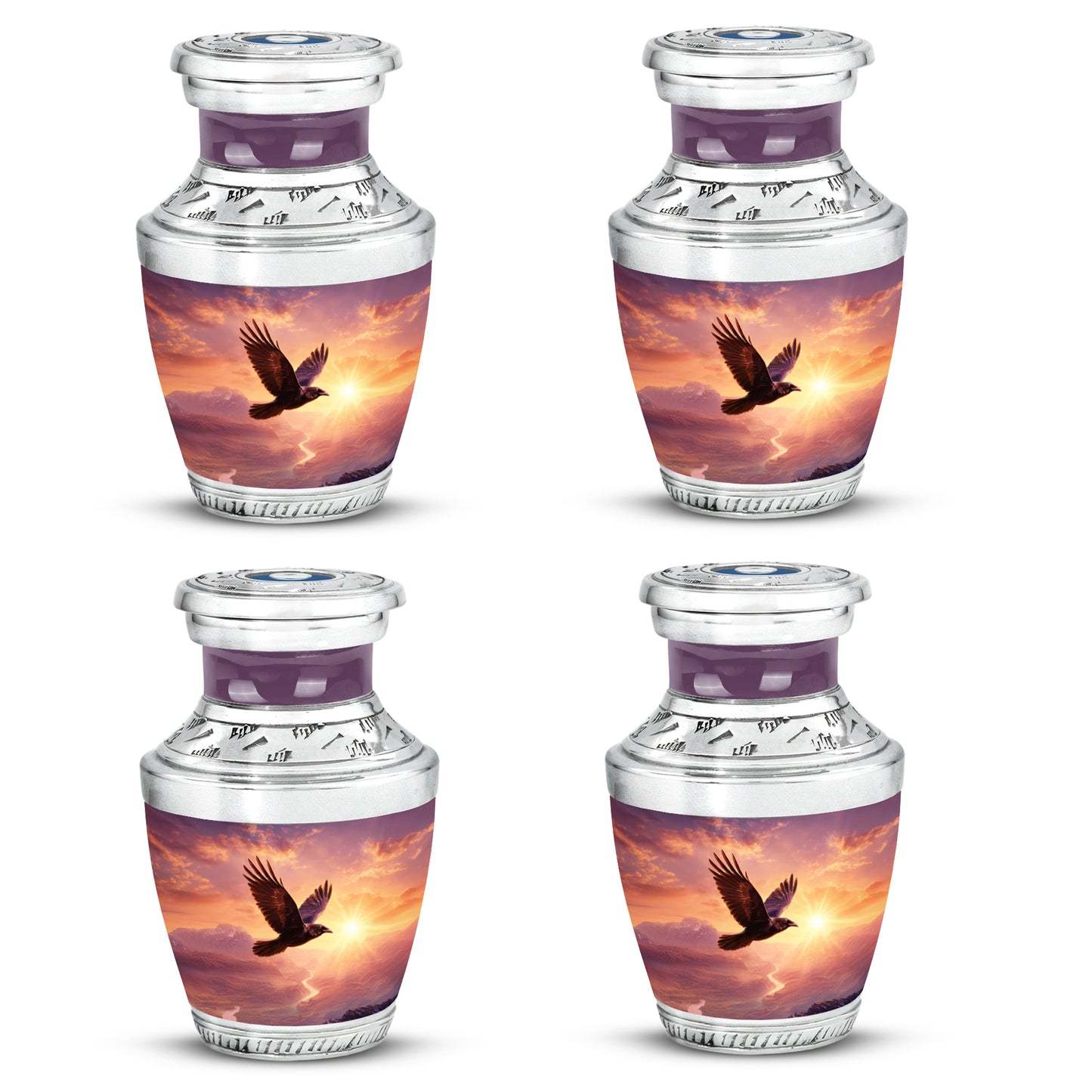 Soft Pink Crow Cremation Urn back view with polished surface - artistic crow interpretation with creative detail - 10 inch aluminum urn for cremated remains